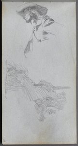 Sketchbook, página 27: Estudo de detalhes para "Em um terraço" e estudo de paisagem de Ernest Meissonier
