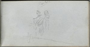 Caderno de desenho, página 38: Estudo de um soldado e figura na cartola. de Jean Louis Ernest Meissonier