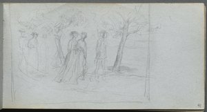 Caderno de desenho, página 41: Figuras em uma paisagem. de Jean Louis Ernest Meissonier