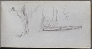 Sketchbook, página 43: Estudos: perna de cavalo, figura em um barco e perfil