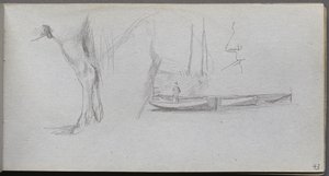 Caderno de desenho, página 43: Estudos: Perna de cavalo, Figura em um barco e Perfil. de Jean Louis Ernest Meissonier