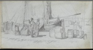 Caderno de desenho, página 50: Barcos, figuras, carga na praia. de Jean Louis Ernest Meissonier