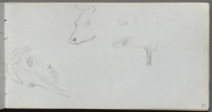 Sketchbook, página 53: Estudos de animais e estudo de árvores de Ernest Meissonier