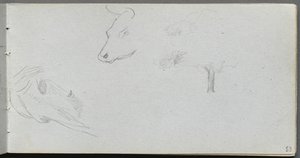 Sketchbook, página 53: Estudos em Animais e Estudo em Árvores. de Jean Louis Ernest Meissonier
