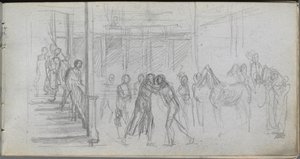 Caderno de desenho, página 62: Estudo de figuras, Escada, Cavalo. de Jean Louis Ernest Meissonier