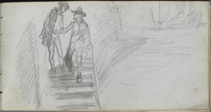Caderno de desenho, página 64: Figuras em uma escada. de Jean Louis Ernest Meissonier