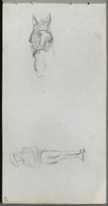 Sketchbook, página 69: Estudo de uma mão, um cavalo e uma figura de Ernest Meissonier