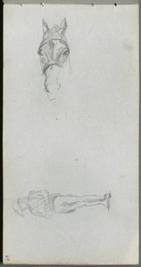 Caderno de desenho, página 69: Estudo de uma mão, um cavalo e uma figura. de Jean Louis Ernest Meissonier