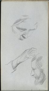 Sketchbook, página 70: Estudo de duas faces e uma mão de Ernest Meissonier