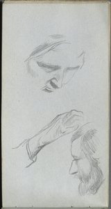 Caderno de desenho, página 70: Estudo de duas faces e uma mão. de Jean Louis Ernest Meissonier