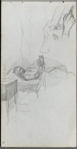 Caderno, página 71: Estudo de uma figura lendo na cama, estudo de uma mão. de Jean Louis Ernest Meissonier