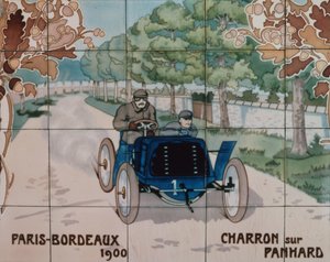 Charron conduzindo um carro Panhard na corrida de Paris a Bordéus de 1900: azulejos de cerâmica fabricados por Gilardoni Fils et Cie de Paris, segundo um desenho de Ernest Montaut (1878-1909) de Ernest Montaut
