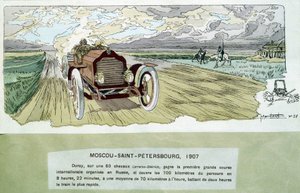 Corrida de carros: Moscovo - São Petersburgo, cerca de 1900 - desenho de Ernest Montaut (1878-1909).