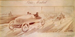 Corridas de automóveis: "Paris Madrid": Gabriel vencedor em Mors equipado com pneus Michelin "" Ilustração 1903 de Ernest Montaut