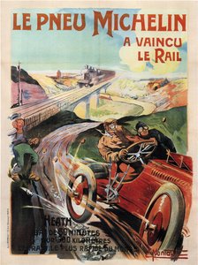 Panhard et levassor carro de corrida conduzido por charneca - Michelin Tires - Montaut, Ernest (1879-1909) - 1905 - Litografia a cores - Coleção Particular