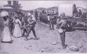 Soldados britânicos que assistem refugiados bôeres, ilustração de After Pretoria: The Guerilla War, 1902 de Ernest Prater