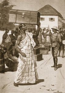 Transportadoras partindo de Cape Coast Castle para Kumassi, ilustração de &39;Battles of the 19th Century: vol. VII, A Guerra Ashanti de 1900 &39;por Archibald Forbes, GA Henty e Major Arthur Griffith de Ernest Prater