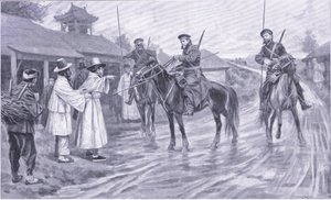 Escoteiros cossacos reunindo informações de um prisioneiro coreano, ilustração deCassells História da guerra russo-japonesa vol 1, c.1900 de Ernest Prater