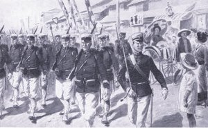 Marcha japonesa através de Tokio, ilustração fromCassells História da guerra russo-japonesa Vol 1, c.1900 de Ernest Prater