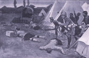 O ataque ao campo britânico no mercado de Jacobsdal, ilustração de After Pretoria: The Guerilla War, 1902 de Ernest Prater