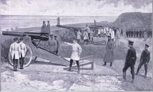 O investimento de Port Arthur. Em um dos portos que guardam o porto russo, ilustração deCassells História da Guerra Russo-Japonesa Vol 1, c.1900 de Ernest Prater