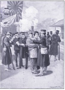 Tropas deixando Tokio, ilustração fromCassells História da Guerra Russo-Japonesa Vol 1, c.1900 de Ernest Prater