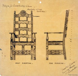 Design para a cadeira do santuário, c.1905-25 (pena & lavagem da tinta no papel)