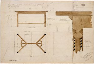 Design para uma mesa de jantar em carvalho inglês, escurecido, com uma maca de hayrake, 02 de outubro de 1908 (caneta e tinta e wc no papel)