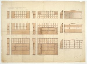 Designs para racks China, aparadores e cômodas em Inglês Oak, 1906 (lápis e wc no papel)