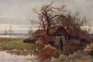 Casas de Barcos Antigos, Barton Broad (cor litho) de Ernest William Haslehust