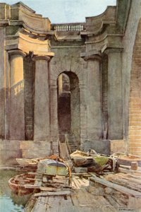 River Steps, Waterloo Bridge (lito colorido) de Ernest William Haslehust