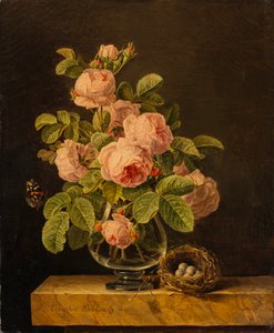 Ernestine Panckoucke - Um vaso de rosas com uma borboleta e um ninho num parapeito