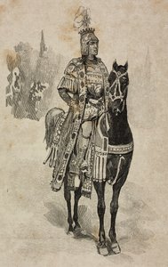 Duque de Aosta Emanuele Filiberto de Saboia em traje de Umberto Biancamano no torneio da Villa Borghese por ocasião das bodas de prata de Umberto I e Margherita de Saboia, Roma, Itália