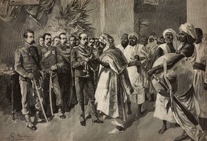 General Tancredi Saletta oferecendo espada ao Kantibai, Chefe de Abab, Massawa, Guerra da Eritreia, gravura de Ernesto Mancastroppa de desenho de G Amato, de L