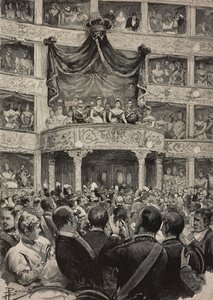 Umberto I e Margherita de Saboia, acompanhados pelos soberanos da Alemanha, no Teatro Argentina por ocasião das bodas de prata, 21 de abril