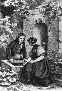 Hermann e Dorothy na fonte, ilustração para Hermann e Dorothea, idílio de Johann Wolfgang von Goethe (1749-1832), gravura após desenho de Ernst Bosch (1834-1917) de Ernst Bosch
