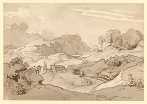 Paisagem italiana com colinas rochosas e árvores, uma cabana e figuras de staffage junto ao caminho de Ernst Fries