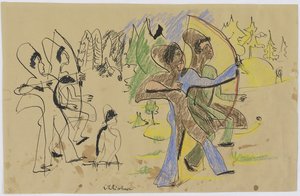 Arqueiros, c.1935 (caneta e giz sobre papel castanho) de Ernst Ludwig Kirchner