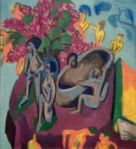 Natureza morta com esculturas e flores de Ernst Ludwig Kirchner