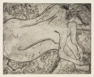 Wannsee perto de Potsdam com barco a motor/Mulher nua a fazer pedicure de Ernst Ludwig Kirchner