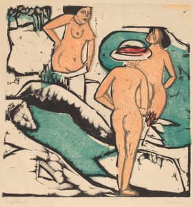 Mulheres tomando banho entre pedras brancas, 1912 (xilogravura colorida impressa em preto, verde, laranja e vermelho)