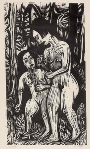 Duas garotas nuas com flores na floresta. 1923