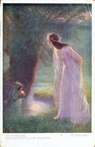O Príncipe Sapo dá à Princesa a bola de ouro que encontrou na lagoa. (Início do século XX)