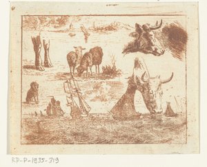 Folha de estudo com uma paisagem marinha, duas cabeças de vaca, ovelha, um cachorro e duas pernas de Ernst Willem Jan Bagelaar
