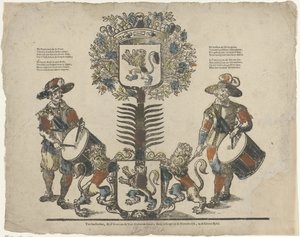 Árvore com dois brasões de armas, de cada lado um baterista de Erven Weduwe Gijsbert de Groot