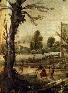 Hiver, detalhe (Inverno). Peinture por Esalas van de Velde (1591-1630). Huile sur bois, 37,5 x 35,5 cm