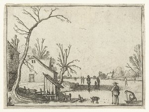 Casa de campo por rio congelado e patinadores no gelo
Pequenas paisagens (título da série) de Esaias van de Velde