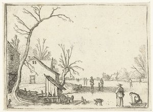 Fazenda pelo rio congelado e patinadores no gelo Pequenas paisagens (título da série) de Esaias van de Velde