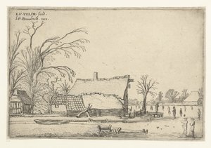 Fazenda pelo rio congelado com skatistas Paisagens de paisagem (título da série) de Esaias van de Velde