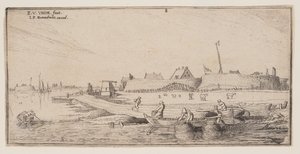 Pescadores em barcos a remos diante de uma cidade murada, de Paisagens